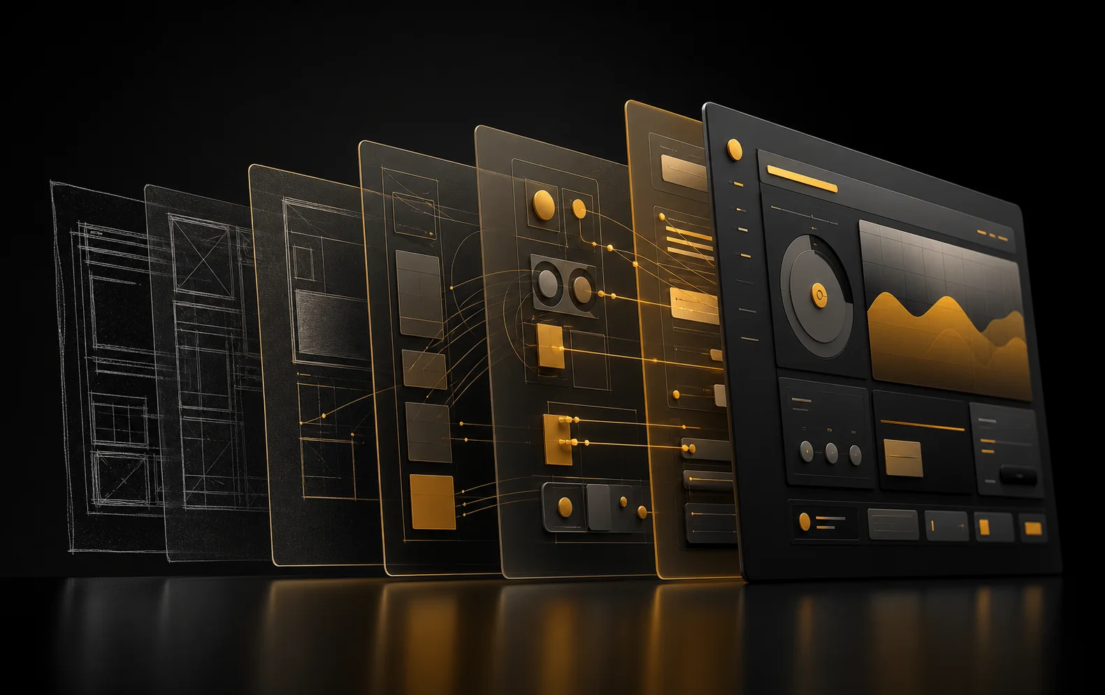 Camadas de uma interface evoluindo do wireframe até um produto digital finalizado